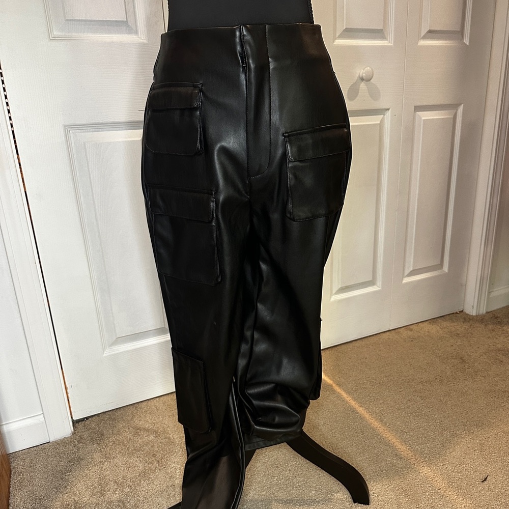 Black Faux Leather Cargo Pants
